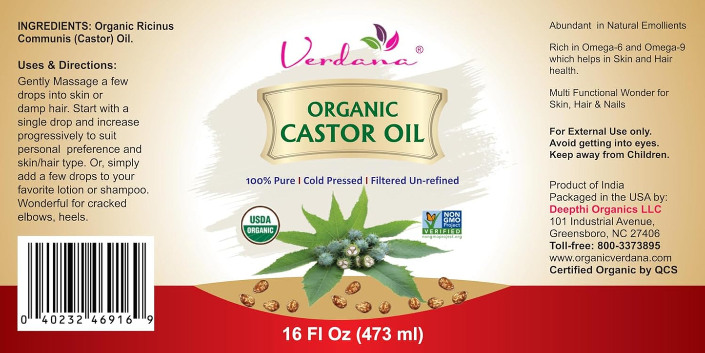 Organic Castor Oil, Cold Pressed & Hexane Free – for Hair & Scalp Care, Eyelashes, Eyebrows & Skin Care – USDA Certified, Pure & Natural – 16 Fl Oz