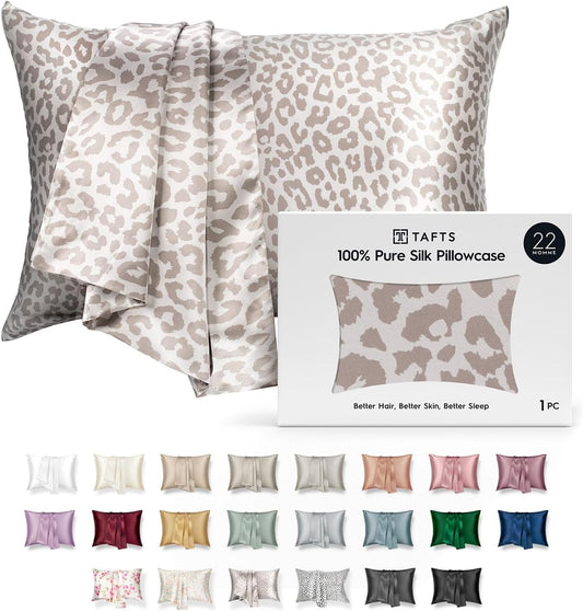 22Mm 100% Pure Mulberry 6A Silk Pillowcase for Hair & Skin with Envelope Closure, Cooling, Natural, Organic, Double Sided Silk Pillow Case (Leopard, Standard Size, 20"X26")