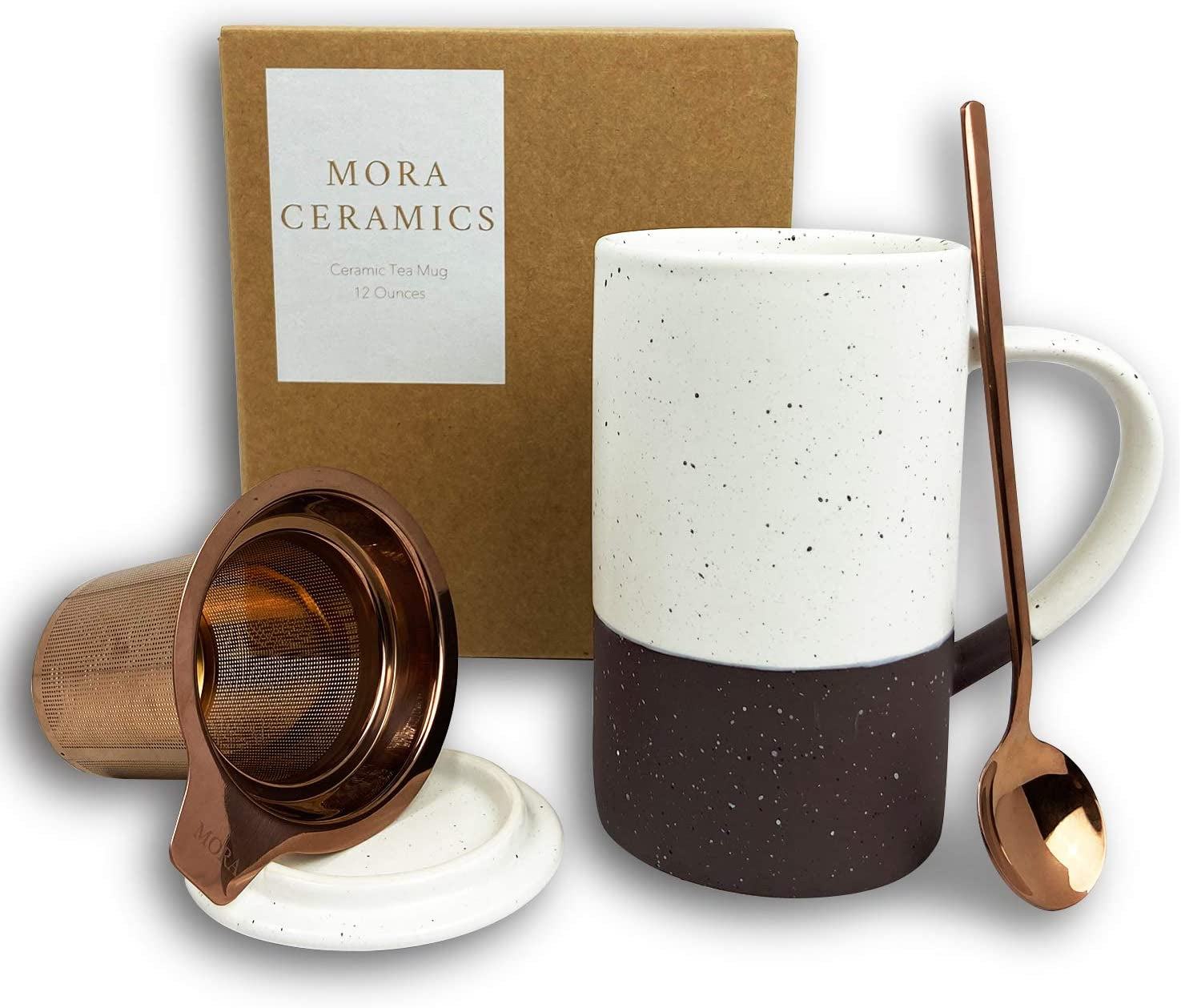 Ceramics Tea Cup with Loose Leaf Infuser, Spoon and Lid, 12 Oz, Microwave and Dishwasher Safe Coffee Mug - Rustic Matte Ceramic Glaze, Modern Herbal Tea Strainer - Great Gift for Women, Garnet