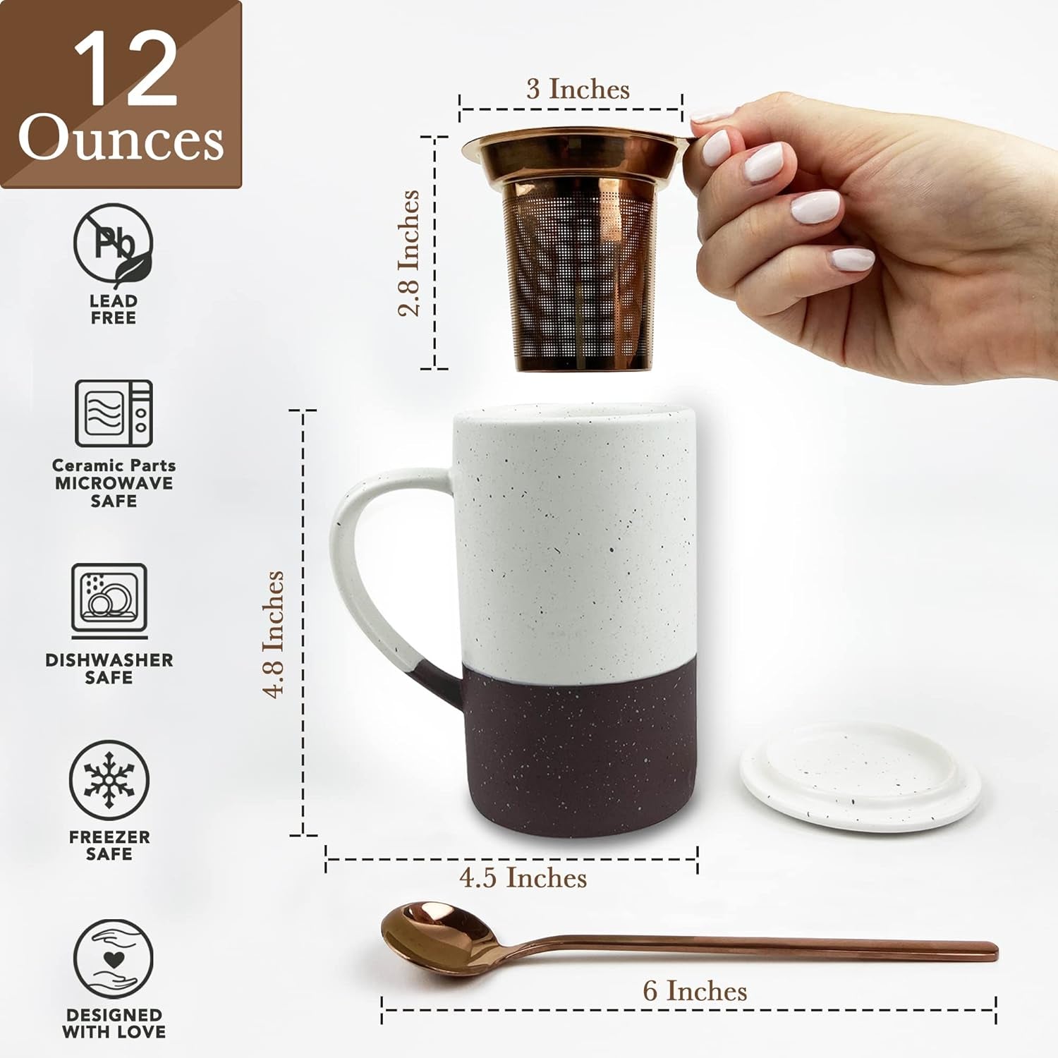 Ceramics Tea Cup with Loose Leaf Infuser, Spoon and Lid, 12 Oz, Microwave and Dishwasher Safe Coffee Mug - Rustic Matte Ceramic Glaze, Modern Herbal Tea Strainer - Great Gift for Women, Garnet