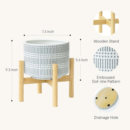 Ceramic Plant Pot with Wood Stand - 7.3 Inch Modern round Decorative Flower Pot Indoor with Wood Planter Holder, Slate Blue and White