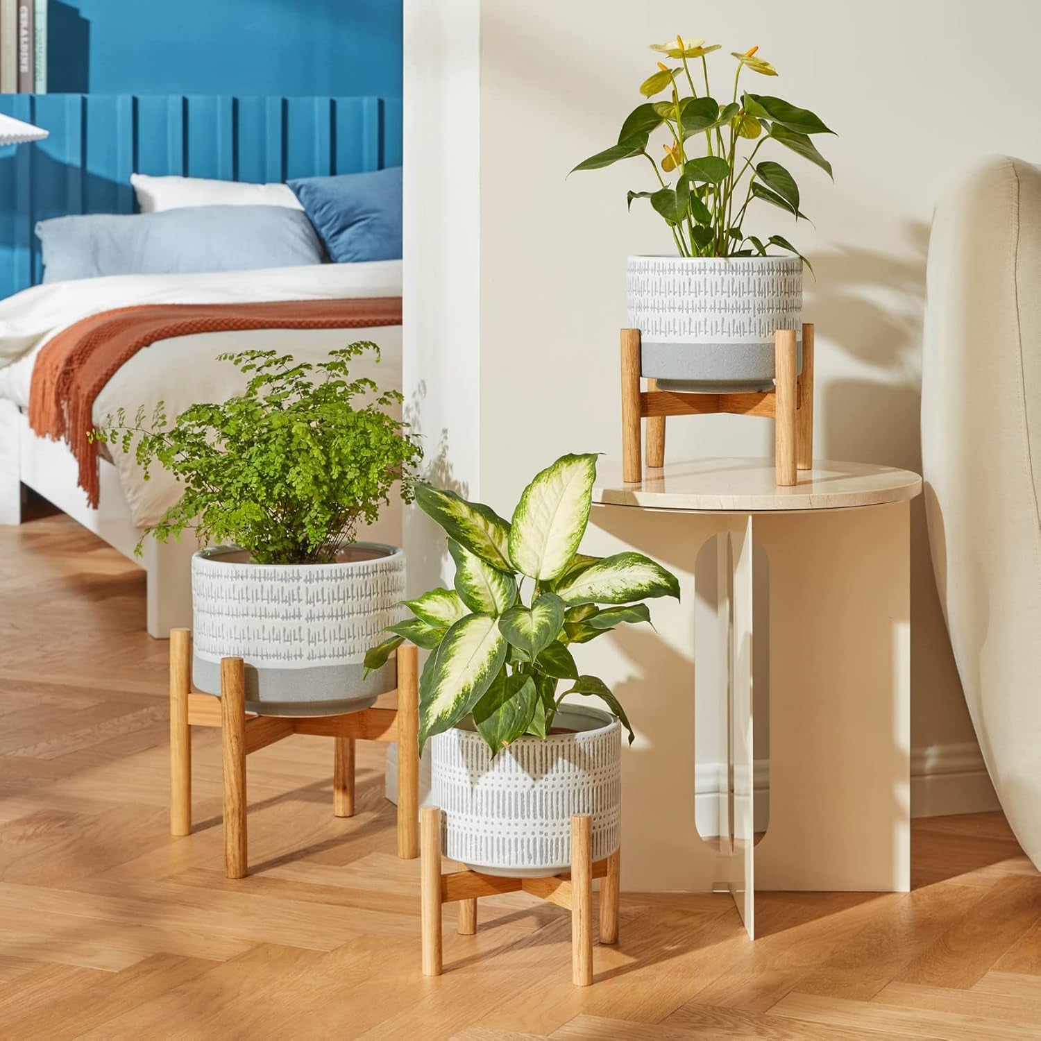 Ceramic Plant Pot with Wood Stand - 7.3 Inch Modern round Decorative Flower Pot Indoor with Wood Planter Holder, Slate Blue and White