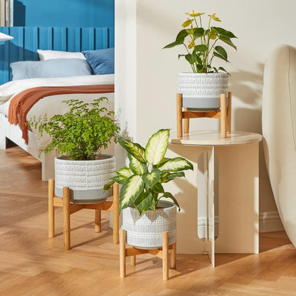 Ceramic Plant Pot with Wood Stand - 7.3 Inch Modern round Decorative Flower Pot Indoor with Wood Planter Holder, Slate Blue and White