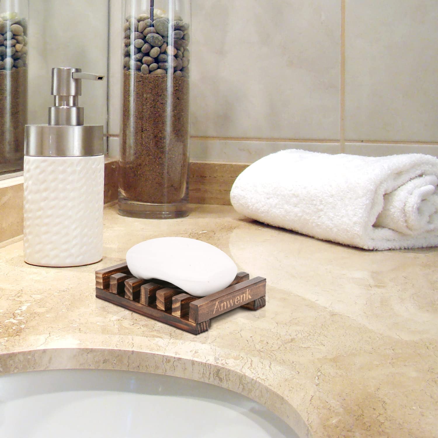 Wooden Soap Dish Soap Saver Holder Tray for Bathroom Shower Rectangular Kitchen Drainer Hand Craft for Soap,Sponges and More (1Pack)