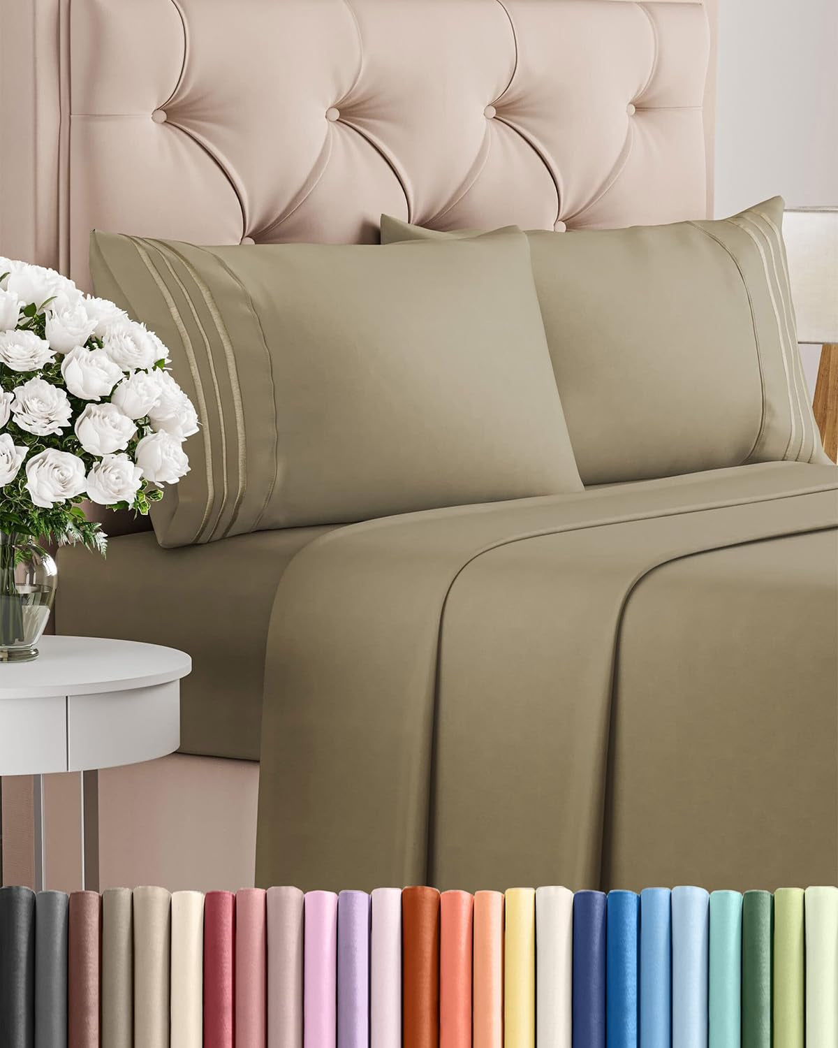 Queen Size 4 Piece Sheet Set - Comfy Breathable & Cooling Bed Sheets Set - Hotel Luxury Bedding for Women, Men, Kids, Teens, Boys & Girls - Deep Pockets, Ultra-Soft, Wrinkle Free - Oeko-Tex - Khaki