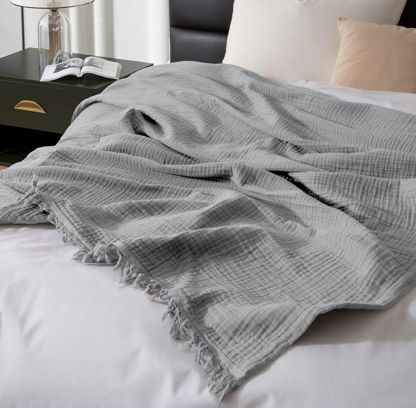 100% Organic Cotton Throw Blanket, 90X104 King Size Muslin Blankets for Adults, Couch, Plant Dyed, Breathable Lightweight Gauze Bed Throw Blanket All Season, Light Grey,