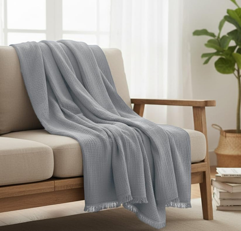 100% Organic Cotton Throw Blanket, 90X104 King Size Muslin Blankets for Adults, Couch, Plant Dyed, Breathable Lightweight Gauze Bed Throw Blanket All Season, Light Grey,