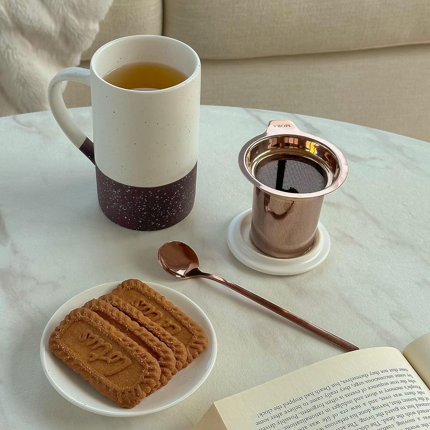 Ceramics Tea Cup with Loose Leaf Infuser, Spoon and Lid, 12 Oz, Microwave and Dishwasher Safe Coffee Mug - Rustic Matte Ceramic Glaze, Modern Herbal Tea Strainer - Great Gift for Women, Garnet
