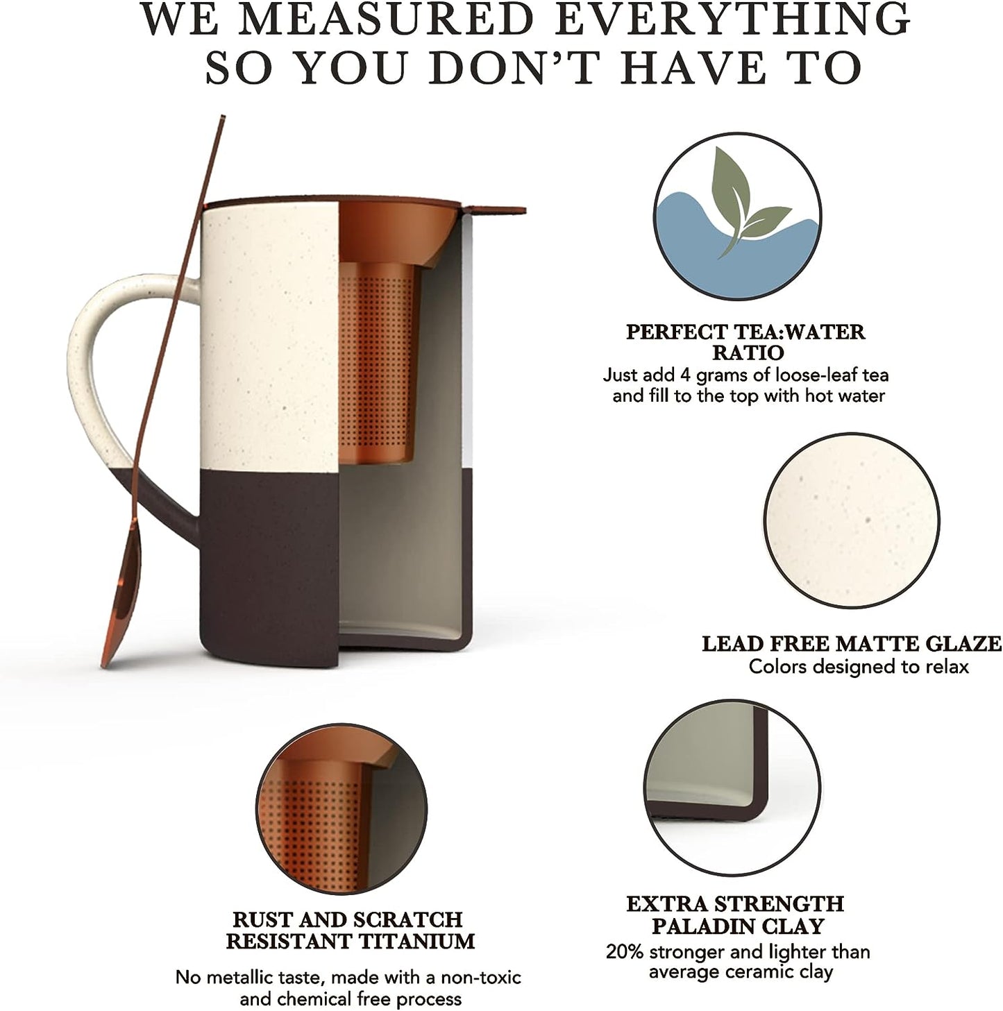 Ceramics Tea Cup with Loose Leaf Infuser, Spoon and Lid, 12 Oz, Microwave and Dishwasher Safe Coffee Mug - Rustic Matte Ceramic Glaze, Modern Herbal Tea Strainer - Great Gift for Women, Garnet