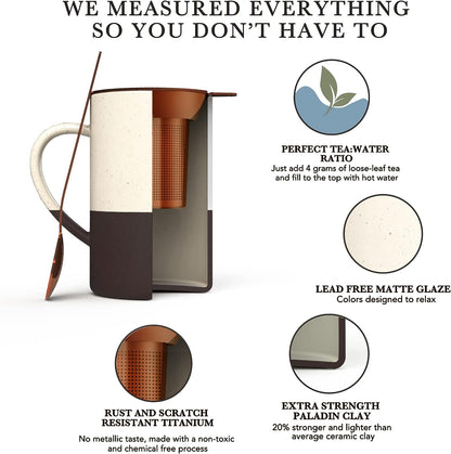 Ceramics Tea Cup with Loose Leaf Infuser, Spoon and Lid, 12 Oz, Microwave and Dishwasher Safe Coffee Mug - Rustic Matte Ceramic Glaze, Modern Herbal Tea Strainer - Great Gift for Women, Garnet