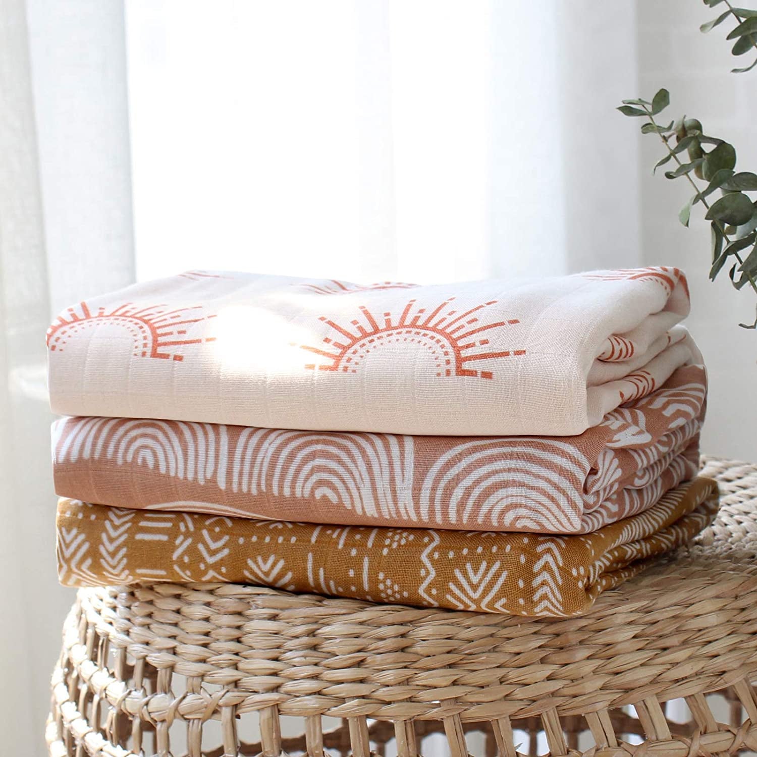 Baby Swaddle Blankets - 70% Viscose from Bamboo and 30% Cotton Muslin Swaddle Blankets Unisex - Boho Vintage Rainbow Print, Silky Soft, Lightweight, Breathable, Large 47 X 47 Inches