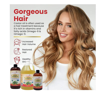 Organic Castor Oil, Cold Pressed & Hexane Free – for Hair & Scalp Care, Eyelashes, Eyebrows & Skin Care – USDA Certified, Pure & Natural – 16 Fl Oz