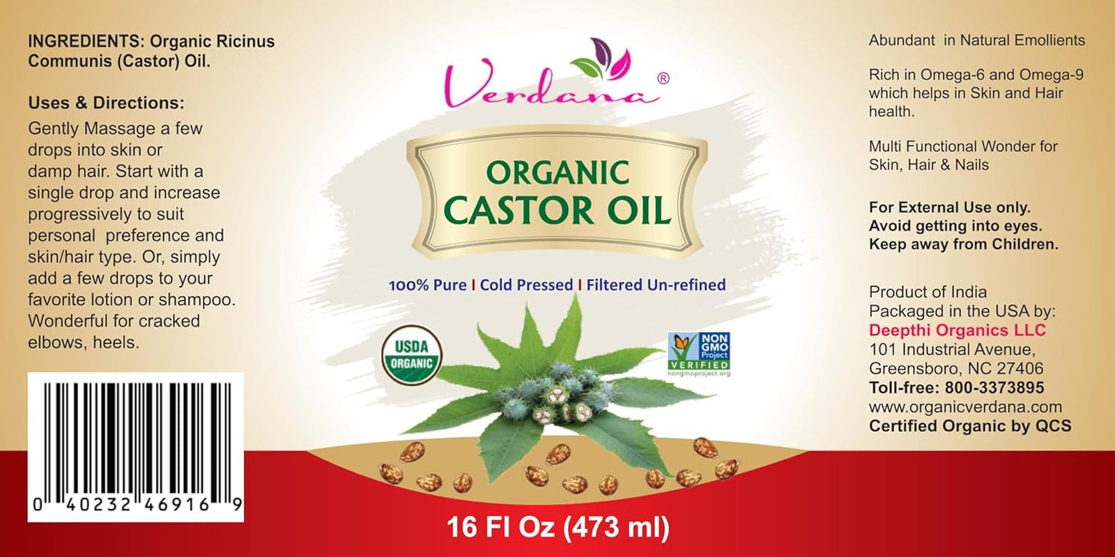 Organic Castor Oil, Cold Pressed & Hexane Free – for Hair & Scalp Care, Eyelashes, Eyebrows & Skin Care – USDA Certified, Pure & Natural – 16 Fl Oz